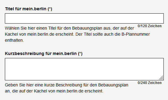 Ausschnitt aus der Bearbeitungsansicht des Bebauungsplans für Titel und Kurzbeschreibung auf mein.berlin.de