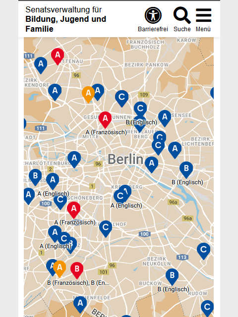 Beispiel des iFrame-Moduls in der mobilen Ansicht im Vertical Organisation. Die Google Karte von Berlin zeigt die Standorte der Billingualen Schulen. Diese sind über blaue, rote und orangene Pins gekennzeichnet.