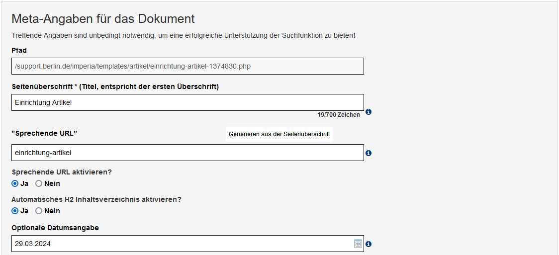 Meta-Angaben im Artikel mit den speziellen Feldern für sprechende URL und der optionalen Datumsangabe