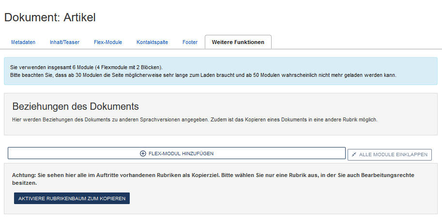 Reiter "Weitere Funktionen" ist geöffnet, zunächst ist der Bereich zu sehen, in dem man die Beziehung zu anderen Sprachversionen einstellt, danach folgt ein blauer Button mit dem Text "Aktiviere Rubrikenbaum zum Kopieren"