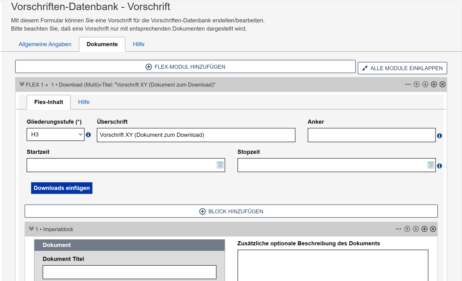 Bearbeitungsansicht des Download-Moduls für die Vorschriften