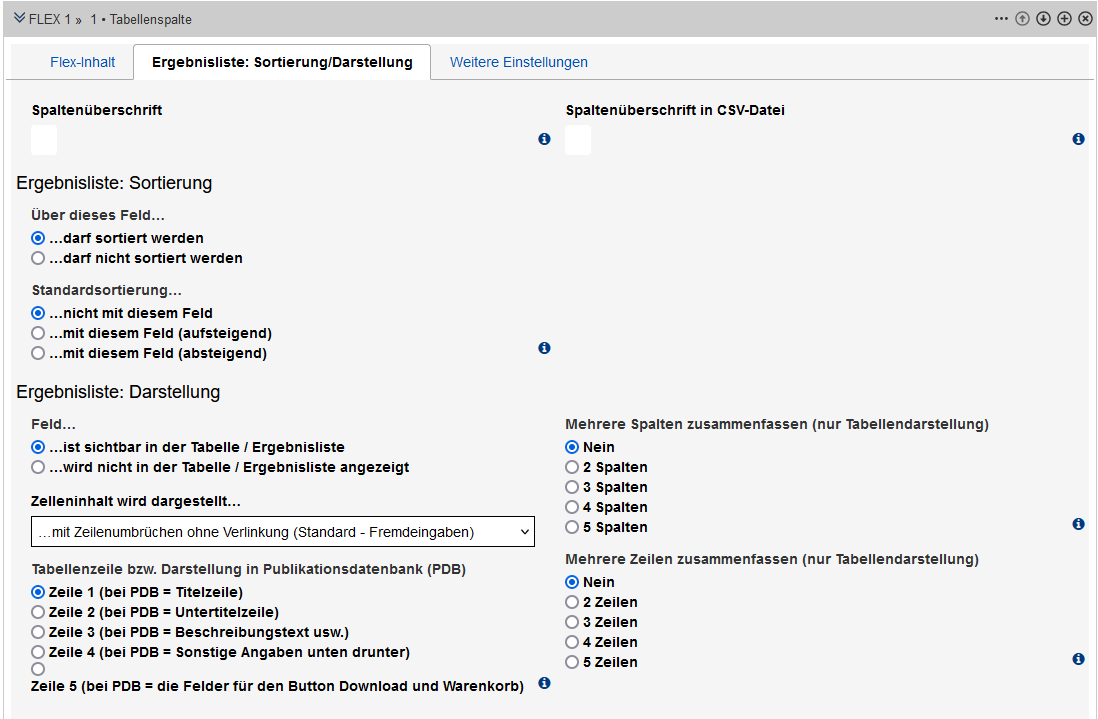 Bearbeitungsansicht des Reiters "Ergebnisliste: Sortierung/Darstellung" des Tabellenspalten-Moduls mit den im Text beschriebenen Feldern.