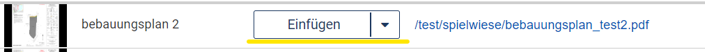 Ausschnitt des Referenzbrowsers mit dem einzufügenden PDF-Thumbnail links, dann der Titel, danach die Schaltfläche "Einfügen" (gelb unterstrichen) mit einem Pfeil zum Öffnen eines Untermenüs daneben und die URL des PDFs