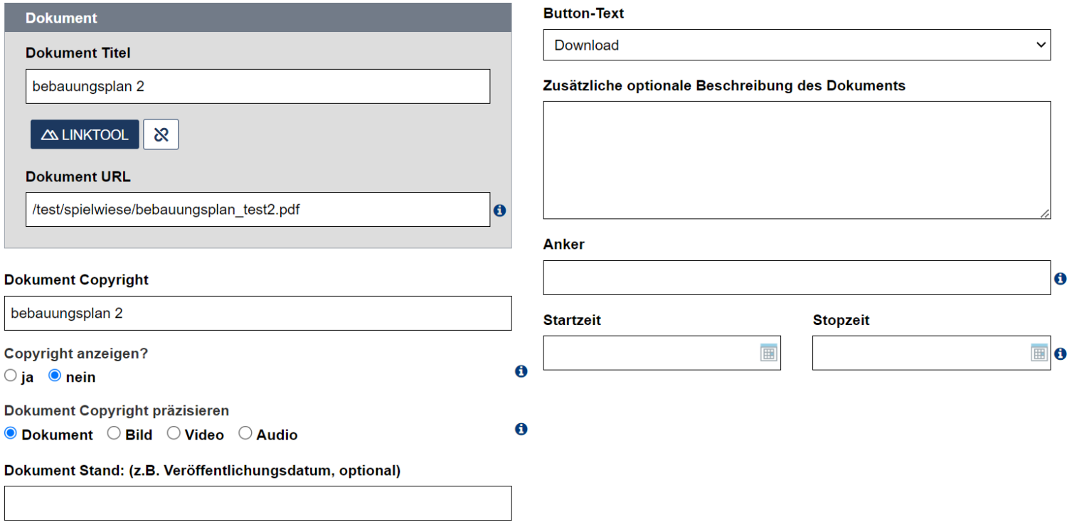 Block des Download-Multi-Moduls mit den eingefügten Informationen "Dokument Titel", "Dokument URL" und "Dokument Copyright" vom Asset sowie weitere Optionen, die auf der Seite vom Download-Multi-Modul näher erklärt werden