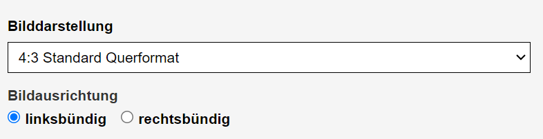 Selectbox zur Auswahl der Bilddarstellung und Radiobutton zur Wahl der Bildausrichtung sind zu sehen