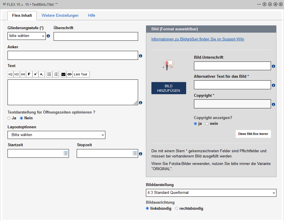 Edit-Ansicht des Flex-Moduls "Text/Bild" - Reiter "Flex-Inhalt"