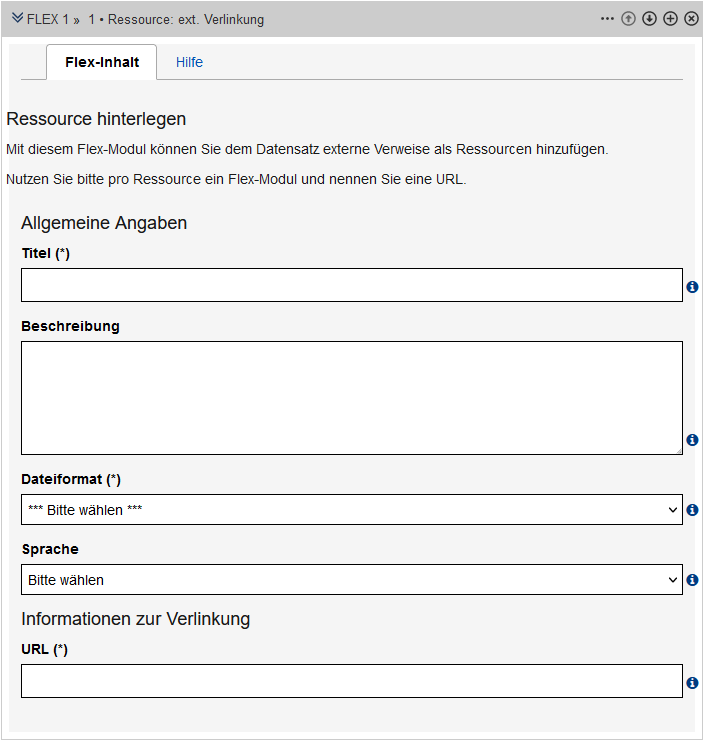 Nach einem kurzen Einleitungstext für Redakteur*innen folgen die im Text beschriebenen Felder zum Flex-Modul "Ressource: ext. Verlinkung"