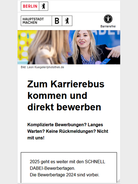 Screenshot der Landingpage für den Karrierebus in der mobilen Ansicht