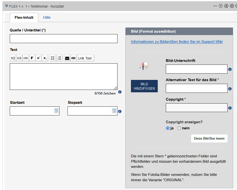 Edit-Formular mit den im Text beschriebenen Feldern. Das Modul ist nicht ausgefüllt.