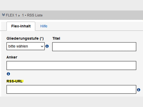 Ausschnitt aus dem Formular zur RSS-Liste, mit Gliederungsstufe, Titel, Anker und RSS-URL.