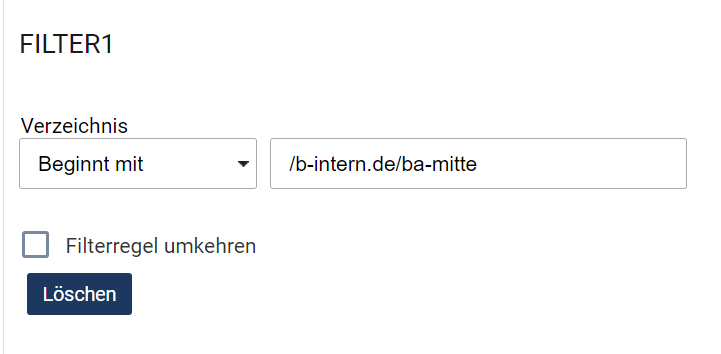 Optionen für den Filter sind im DropDown-Feld "Verzeichnis" daneben wird das Verzeichnis angezeigt. Hier ist "Beginnt mit" ausgewählt, darunter ist eine Checkbox "Filterregel umkehren", die nicht gewählt ist, und ein Button um den Filter zu löschen.