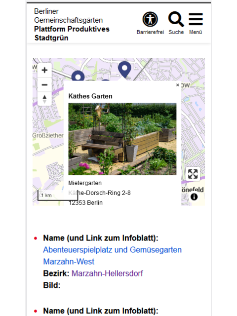 Mobile Ansicht einer Karte mit einigen Markern. Ein Marker-Pop-Up ist zu sehen, wo eine Überschrift, ein Bild und ein kurzer Text mit der Adresse zu sehen sind. Unter der Karte ist ein Teil der Ergebnisliste mit den ersten Suchergebnissen zu sehen.