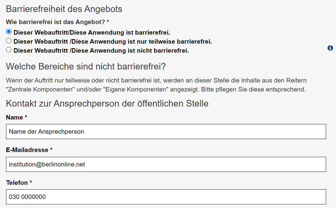 Barrierefreiheitserklärung - Reiter "Allgemeine Angaben" mit der Wahl zur Barrierefreiheit des Auftritts und der Angabe von Kontaktdaten zur Ansprechperson der öffentlichen Stelle