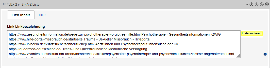 Ansicht eines Textfeldes in einem Formular, gefüllt mit URLs und den zugehörigen Stichworten, eine alphabetische Sortierung der Stichworte ist nicht zu erkennen. Rechts oben neben dem Feld ist ein Button "sortieren", dieser wurde gelb markiert.