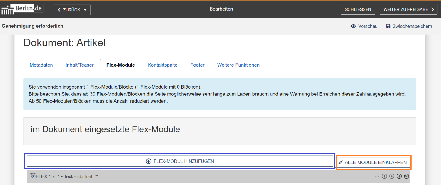 Zu sehen sind im Reiter "Flex-Module" der Button "Flex-Modul einfügen", blau markiert, neben dem Button "Alle Module einklappen", orange markiert