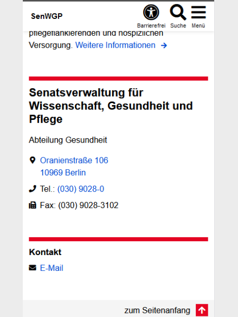 Beispiel des Kontakt-Moduls in der mobilen Ansicht der Senatsverwaltung Gesundheit. Im ersten Kontakt-Modul sind nach der Überschrift und dem Text "Abteilung Gesundheit" die Adresse, Telefon- und FAX-Nummer mit passenden Icons davor aufgeführt. Danach folgt ein weiteres Kontakt-Modul mit einer Kontakt-E-Mail-Adresse für den Bereich, der für diese Seite zuständig ist. Die E-Mail-Adresse hat ebenfalls ein passendes Icon vorangestellt. Beide Module beginnen mit einem roten Trennstrich.