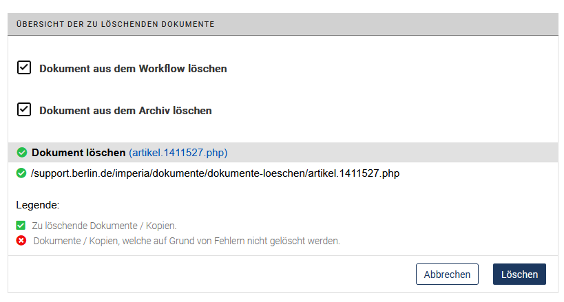 Auswahl der Löschaktionen, beide Checkboxen sind aktiviert, darunter Anzeige der zu löschenden Seite und den Buttons "Abbrechen" und "Löschen"