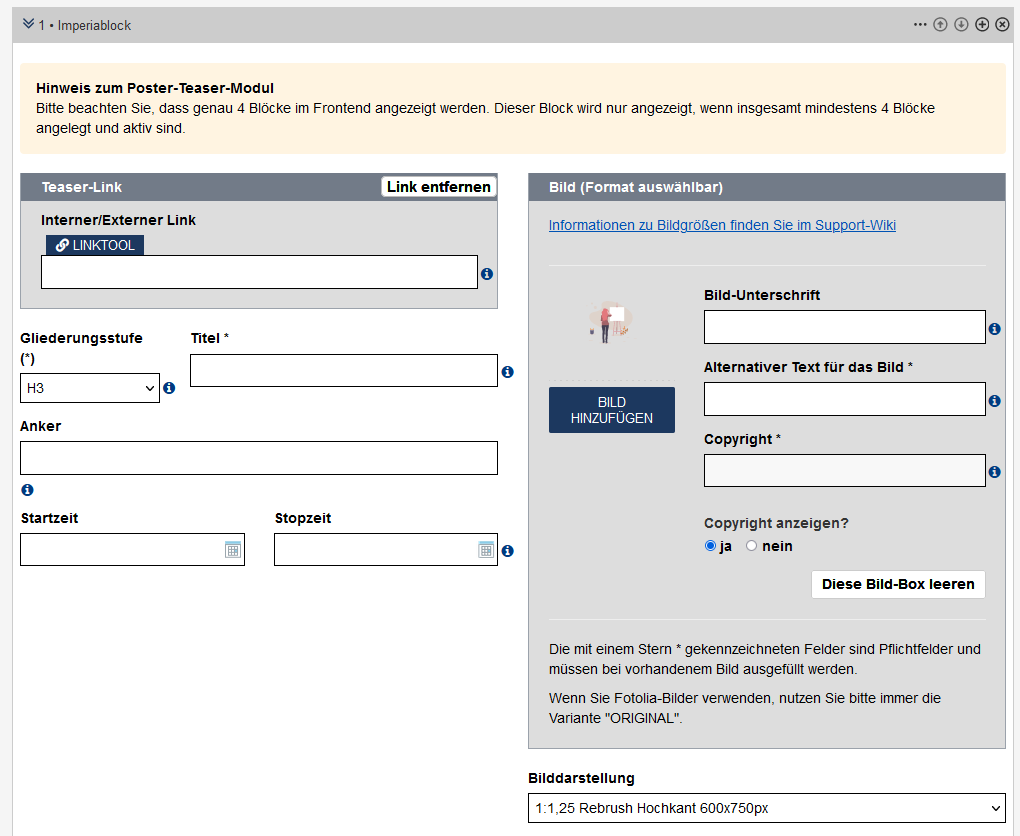 Teaser Poster im Edit - Block hinzufügen, Formularfelder wie unten beschrieben