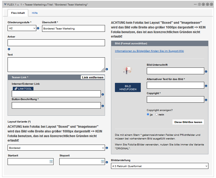 Teaser Marketing im Edit mit allen beschriebenen Optionen