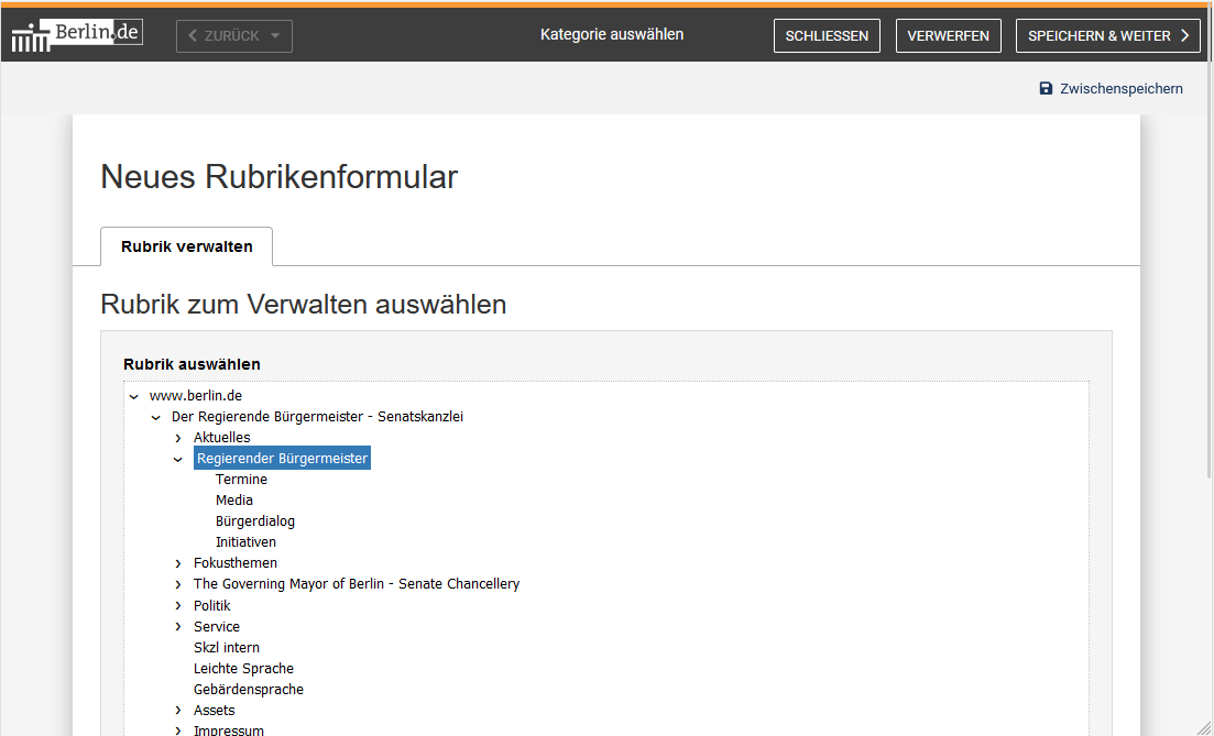 Auswahl der Rubrik zum Bearbeiten in der Darstellung als Rubrikenbaum mit der Option, Unterrubriken aufzuklappen, rechts befinden sich die Buttons "Schließen", "Verwerfen" und "Speichern & Weiter"