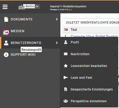 Untermenü Benutzerkonto mit der ersten Option "Profil", die anderen Optionen sind nicht weiter relevant