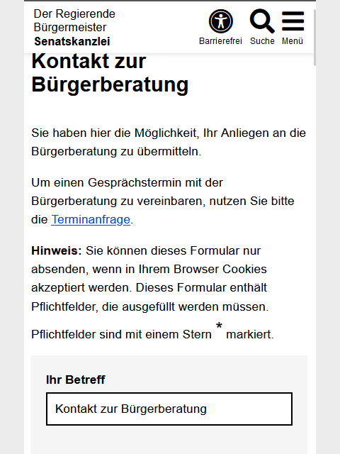 Mobile Ansicht eines Kontaktformulars mit Einleitungstext und Hinweisen, einem einzeiligen Textfeld für den Betreff und darunter sieht man noch den Anfang eines Textfeldes für die Nachricht.