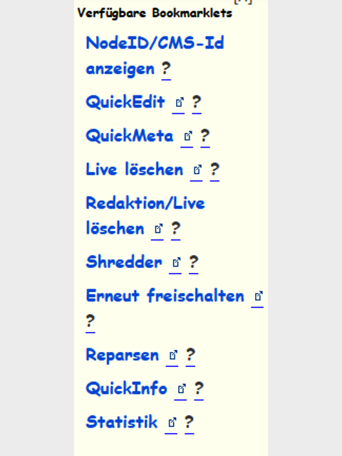 Zu sehen sind die Punkte: NodeID/CMS-ID anzeigen, QuickEdit, QuickMeta, Live-Löschen, Redaktion/Live-Löschen, Shredder, Erneut freischalten, Reparsen, QuickInfo und Statistik