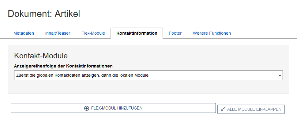 Der Editierbereich eines Dokumentes ist in der Spalte "Kontaktinformation" geöffnet. Die Optionen sind im Text erklärt.