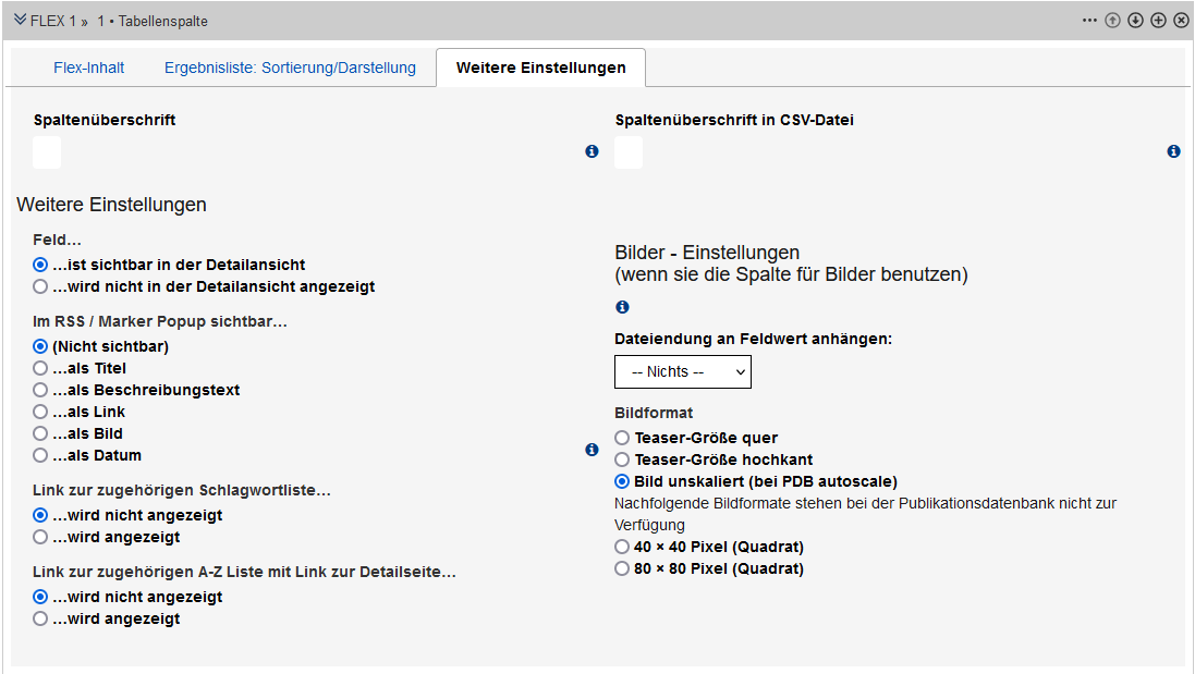 Bearbeitungsansicht des Reiters "Weitere Einstellungen" des Tabellenspalten-Moduls mit den im Text beschriebenen Feldern.