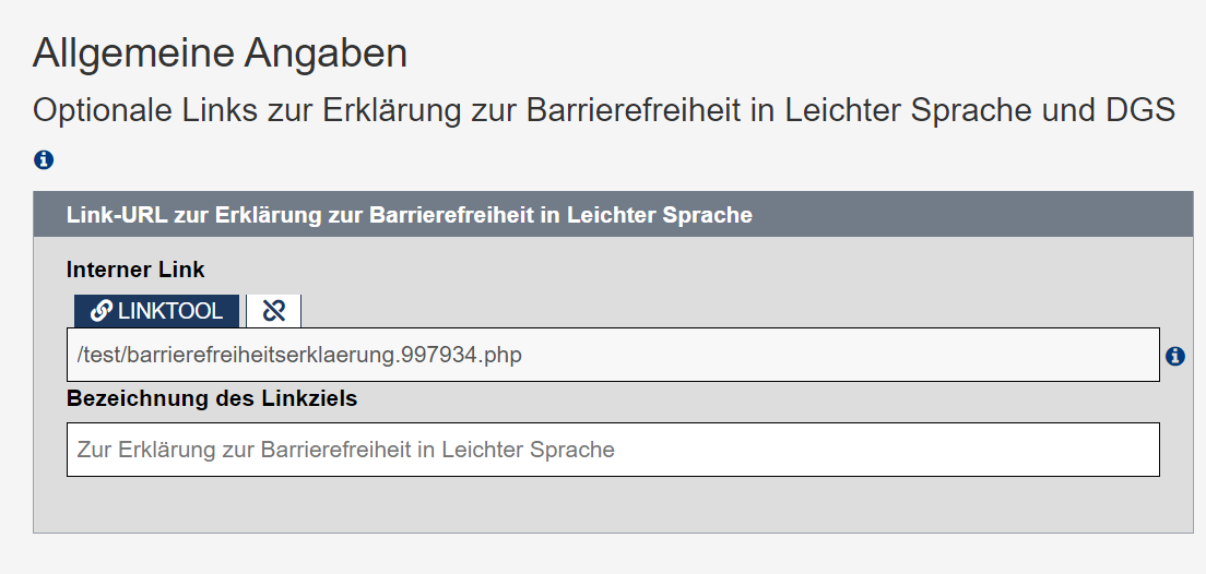 Barrierefreiheitserklärung - Reiter "Allgemeine Angaben" mit der Option, einen Link zur Erklärung zur Barrierefreiheit in Leichter Sprache zu hinterlegen