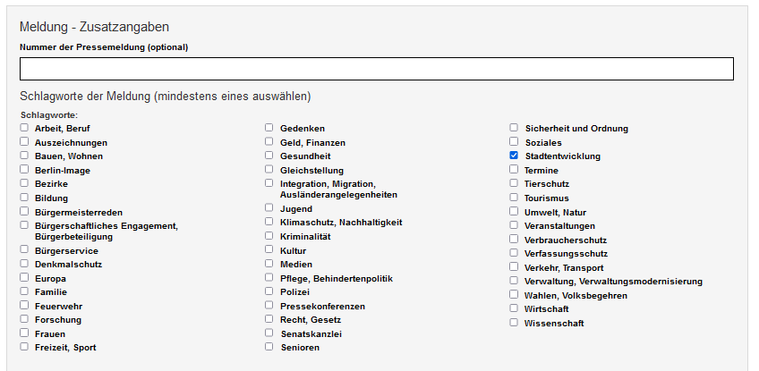 Pressemitteilung im Edit - Zusatzangaben