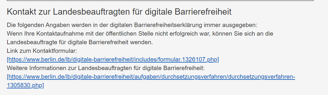 Barrierefreiheitserklärung - Reiter "Allgemeine Angaben" mit Informationen zum Kontakt zur Landesbeauftragten, es gibt keine wählbaren Optionen.