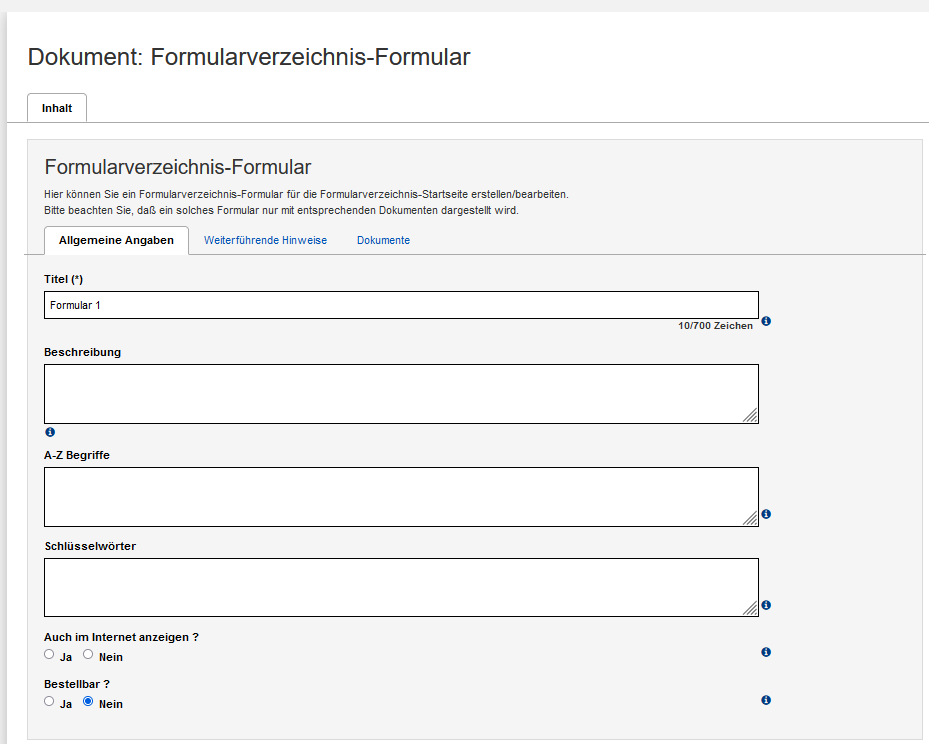 Bearbeitungsansicht des Formularverzeichnis-Formulars mit dem Reiter "Allgemeine Angaben". Die Beschreibung der Felder erfolgt im Text.