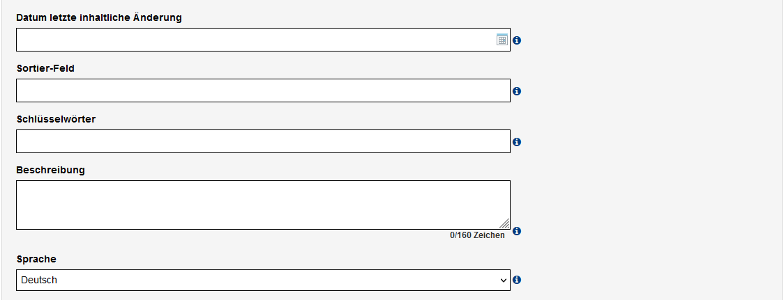 Meta-Angaben im Dokument mit den Feldern "Datum letzte inhaltliche Änderung", Sortier-Feld, Schlüsselwörter, Beschreibung und Sprache