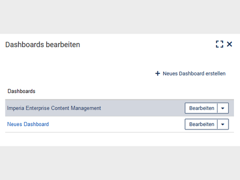 Dashboard bearbeiten Auswahl: "Imperia Enterprise Content Management" und "Neues Dashboard"