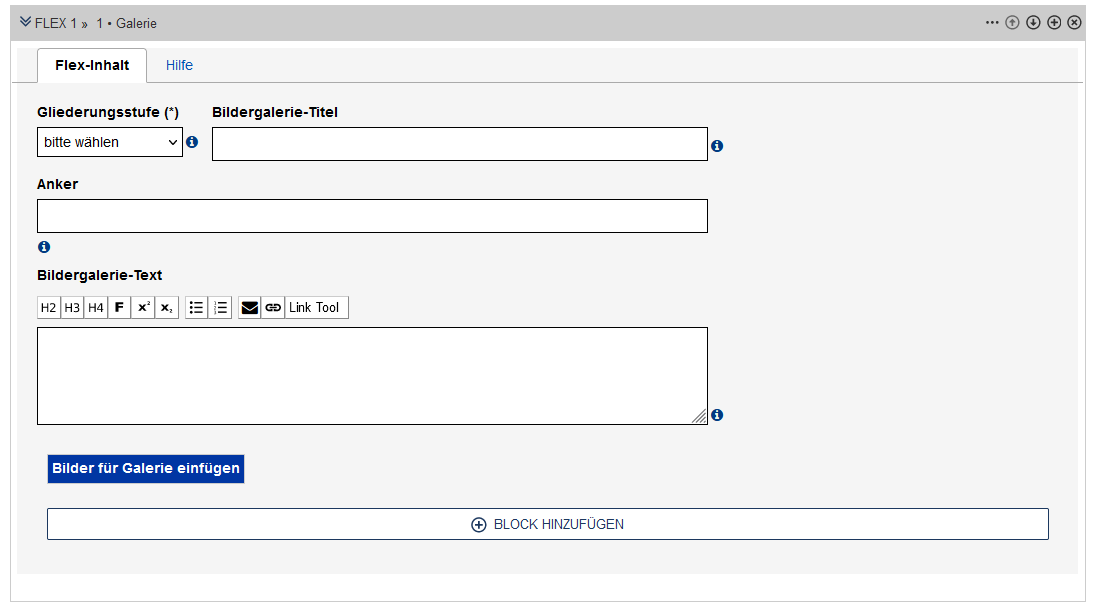 Galerie-Modul im Edit mit den Feldern "Gliederungsstufe", "Bildergalerie-Titel", "Anker" und "Bildgalerie-Text" nicht ausgefüllt, sowie einem Button "Bilder für Galerie einfügen" und einer Blocksteuerung