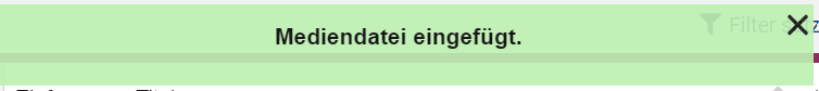 grün hinterlegte Erfolgsmeldung "Mediendatei eingefügt" nach dem erfolgreichen Einfügen eines Assets