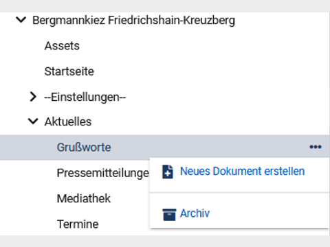 Erstellen eines Dokumentes aus dem Dokumenten-Browser: eine Rubrik ist ausgewählt und nach einem Klick auf die drei Punkte rechts vom Rubrik-Namen kann man "Neues Dokument erstellen" auswählen.