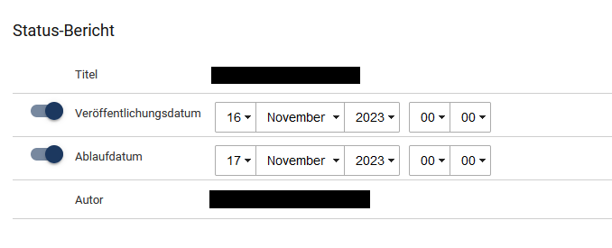 Status-Bericht vor der Veröffentlichung mit dem Titel der Seite (geschwärzt), dem Veröffentlichungsdatum, dem Ablaufdatum und dem Autor (geschwärzt)