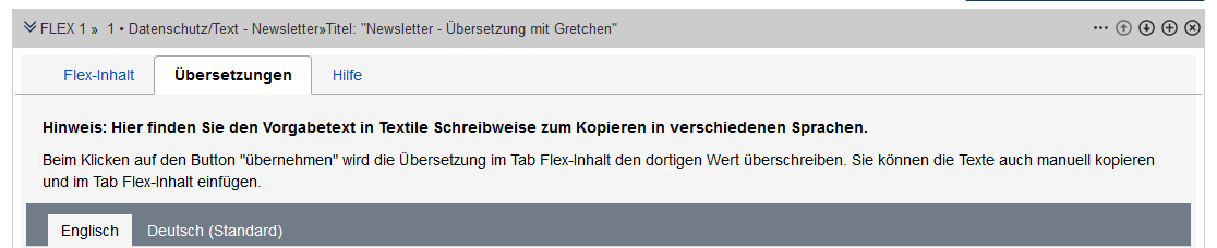 Beispiel für den Übersetzungsreiter bei den Flex-Modulen.