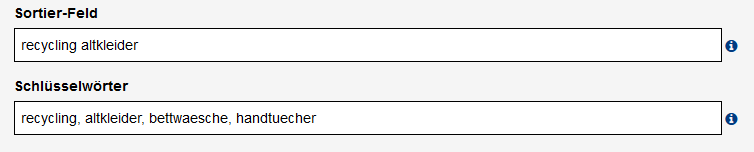 Ausschnitt mit dem Feld "Schlüsselwörter", eingetragen sind: "recycling", "altkleider", "bettwaesche", "handtuecher"