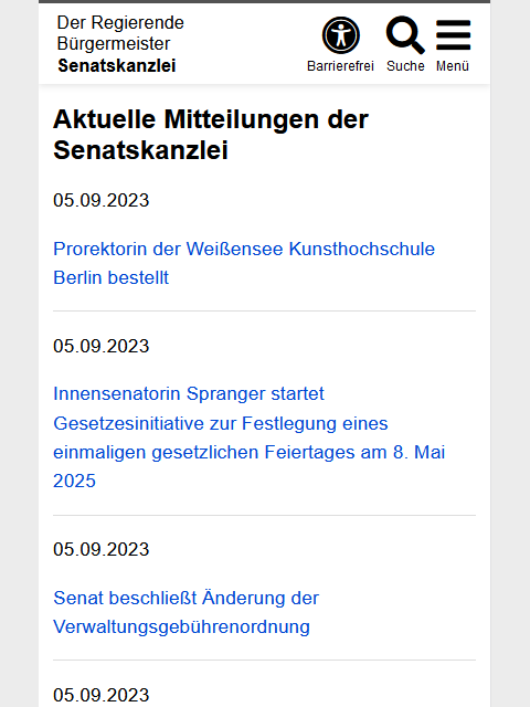 Auf dem Screenshot der mobilen Ansicht ist eine RSS-Liste mit den aktuellen Mitteilungen der Senatskanzlei zu sehen.