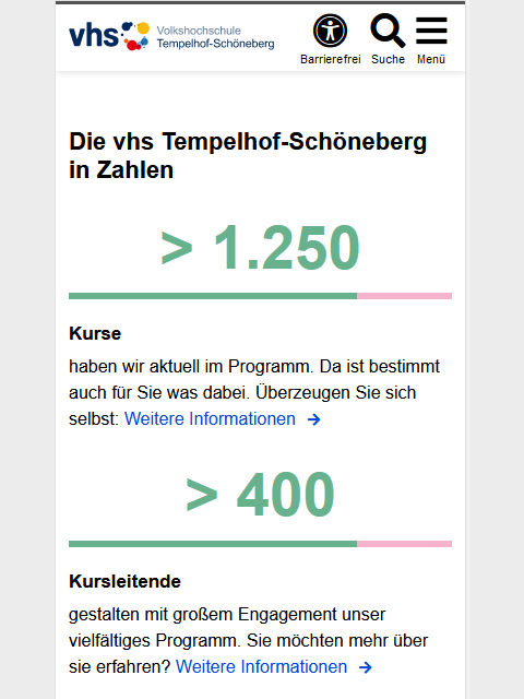 Zu sehen sind zwei Blöcke untereinander unter der Überschrift "Die vhs Tempelhof-Schöneberg in Zahlen", die Blöcke beginnen jeweils mit einer großen, grünen Zahl über einem Strich in Grün und Rosa, darunter sind schwarzer Text und ein Link zu sehen.