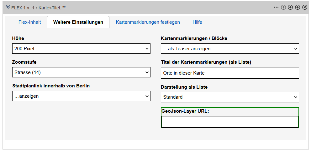 Flex-Modul Karte im Edit - Reiter "Weitere Einstellungen", Felder werden im Text beschrieben