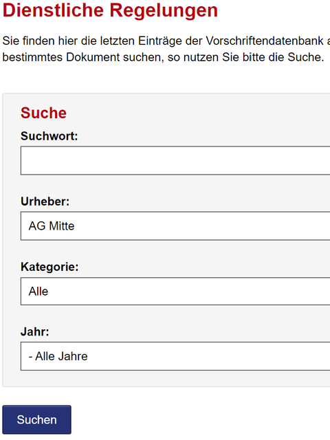 Suchmaske mit der Überschrift "Dienstliche Regelungen". Es stehen die Suchfelder "Suchwort", "Urheber", "Kategorie" und "Jahr" zur Verfügung. Abschließend ist ein Button "Suchen" zu sehen. 