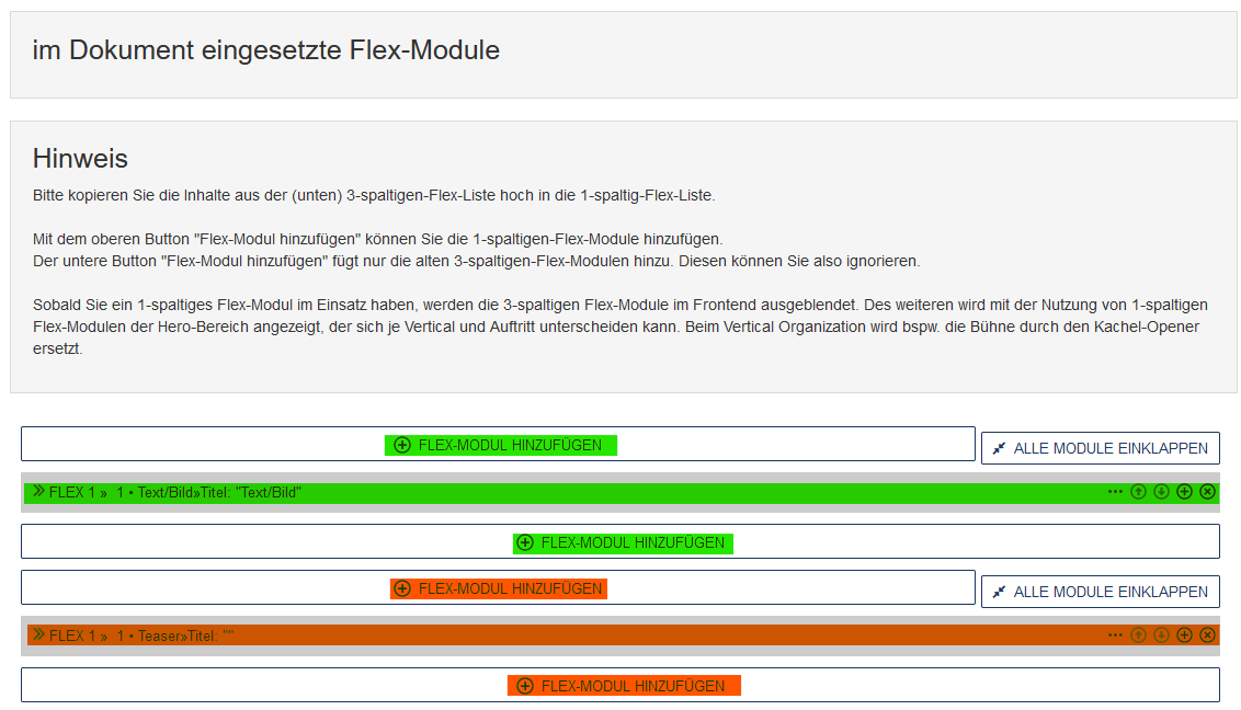 Beispiel für eine Startseite mit der Flex-Steuerung für 1- und 3-spaltige Flex-Module im Edit, es sind in jedem Bereich Module eingefügt