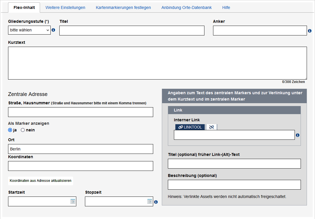 Flex-Modul Karte im Edit - Reiter "Flex-Inhalt", Felder werden im Text beschrieben