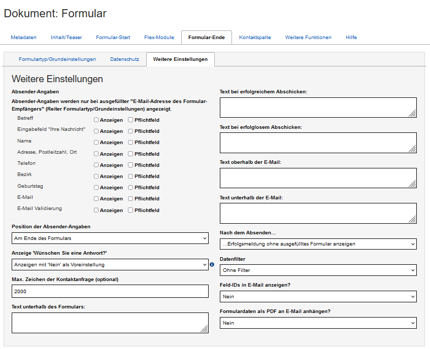 Formular für die weiteren Einstellungen im Formular-Ende.