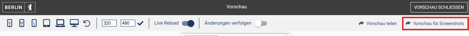 Steuerungsleiste für die Vorschau - der Button "Vorschau für Screenshots" ist rot umrahmt