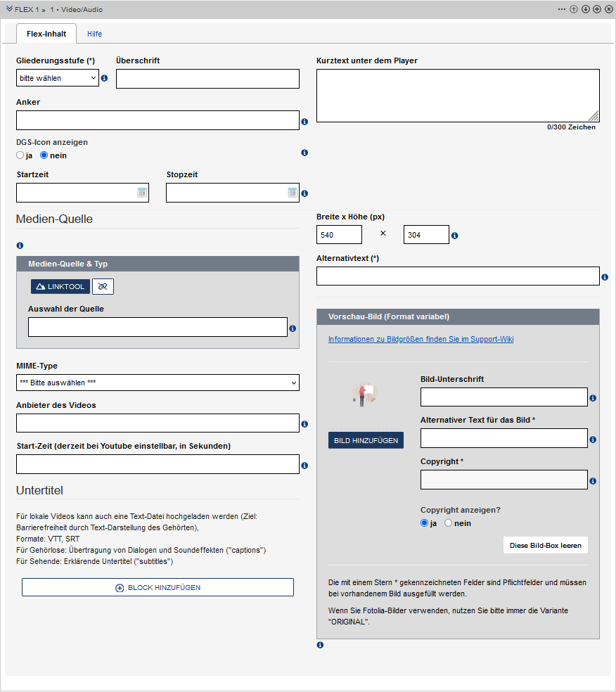 Ansicht des Formulars zum einfügen eines Videos oder Audios. Die Formularfelder sind im Text beschrieben.